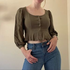 Altar’d State Olive Green Puffy Shoulder Flare Peplum Crop Button Up Shirt